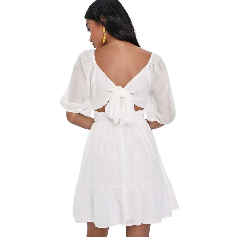 Lulus Ethereal Arrival White Puff Sleeve Tie-Back Chiffon Mini Dress size XL - Picture 3 of 6